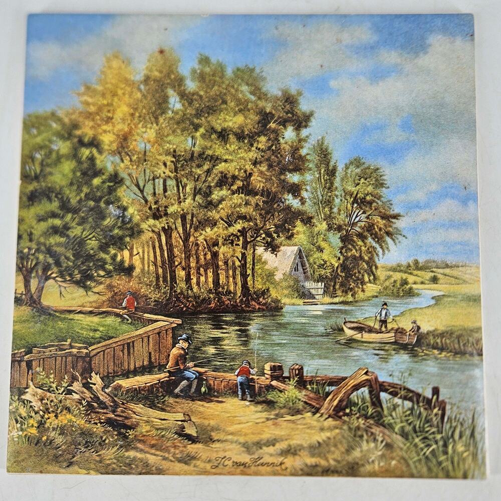 Vintage J.C. Van Hunnik rural fishing scene ceramic tile England